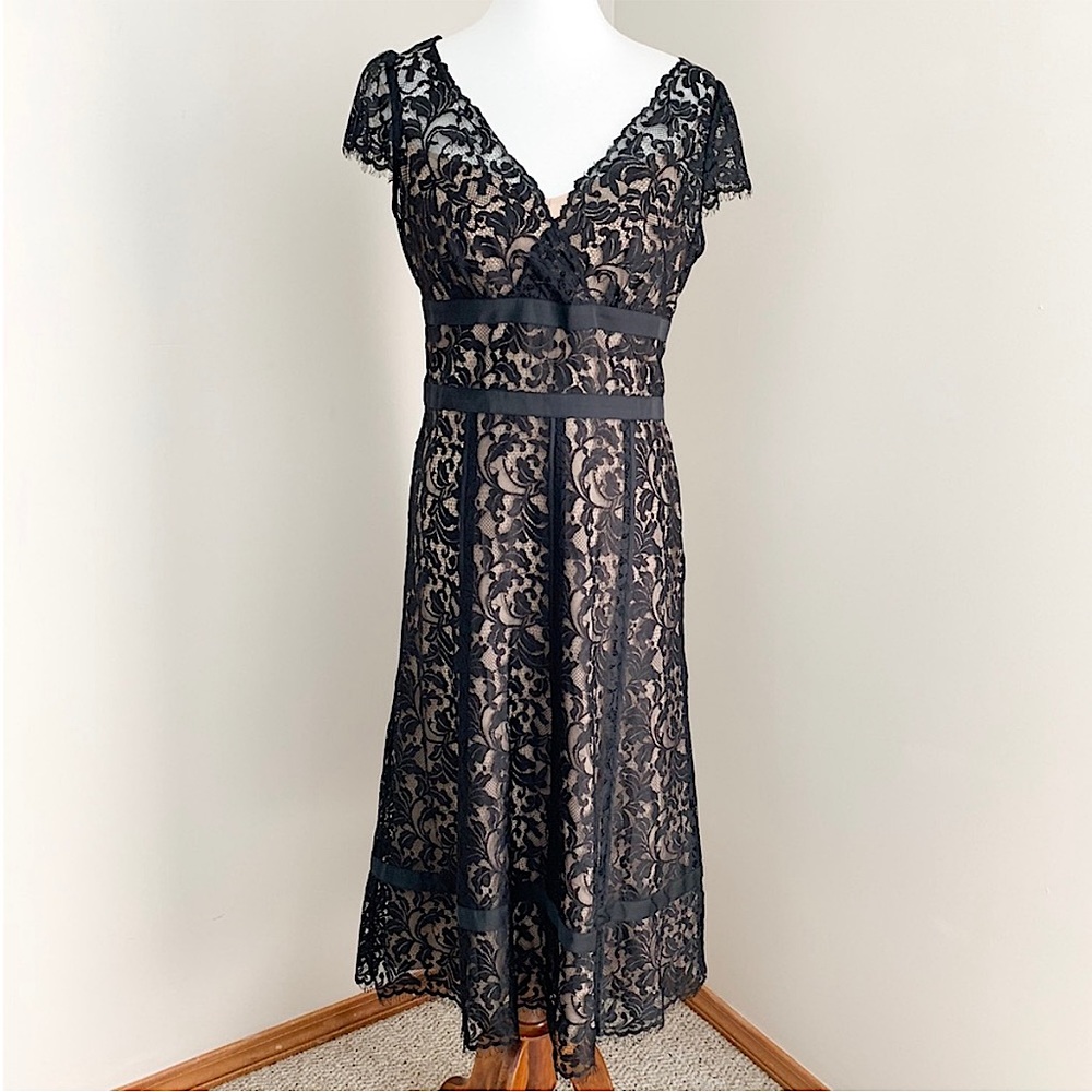Loft Black Empire Lace Dress 8 MIDI with Nude Slip Dress Exceptional Condition